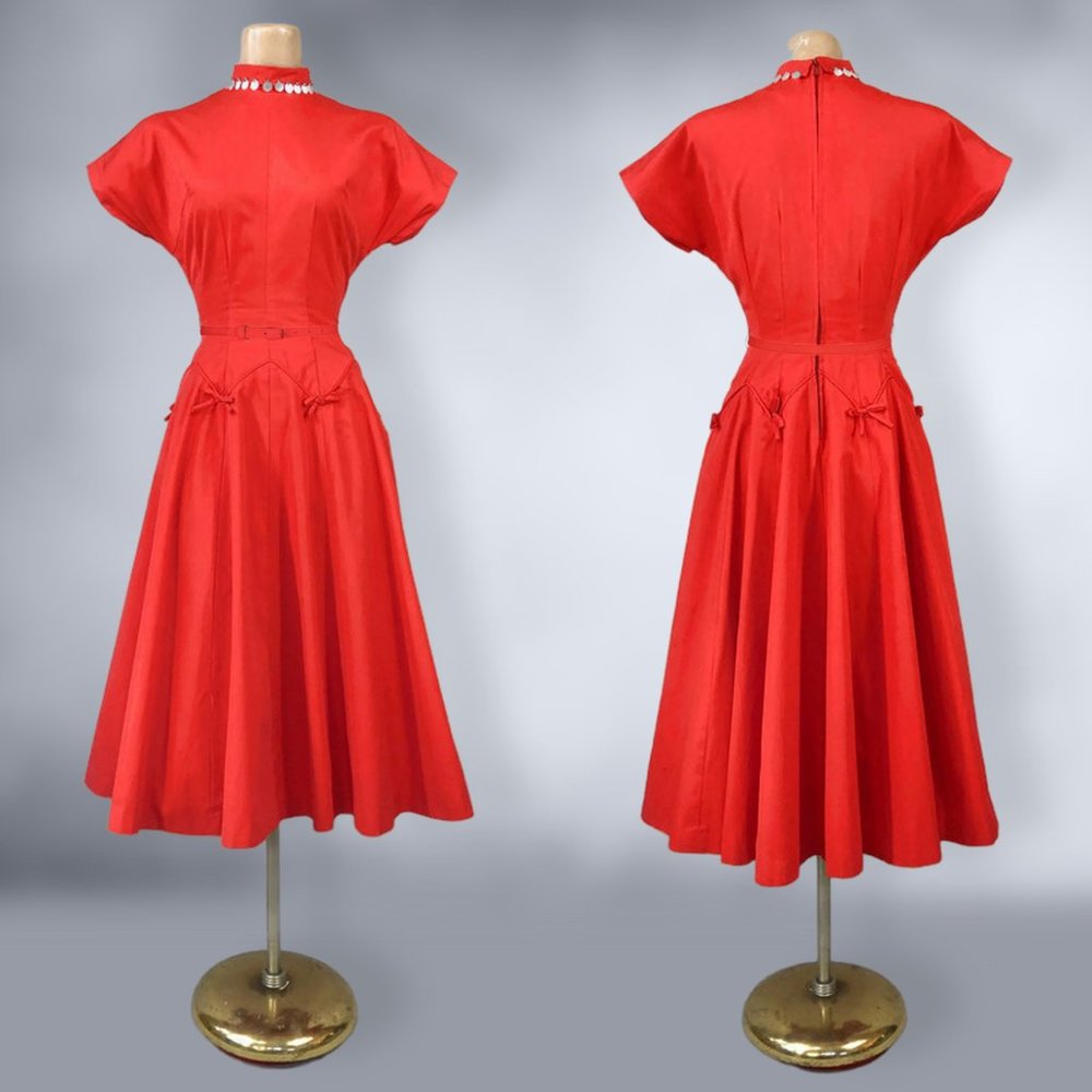 VINTAGE 50s Vibrant Red Full Sweep New Look Party Dress with Mother of Pearl VFG - Picture 9 of 11